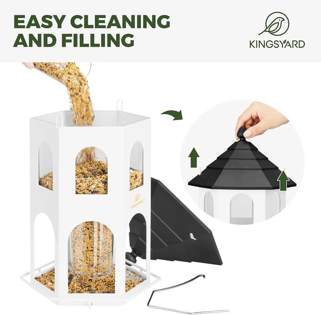 Detalle de Kingsyard metal bird feeder for outdoor hanging (white) with circular perch and 4 lbs capacity