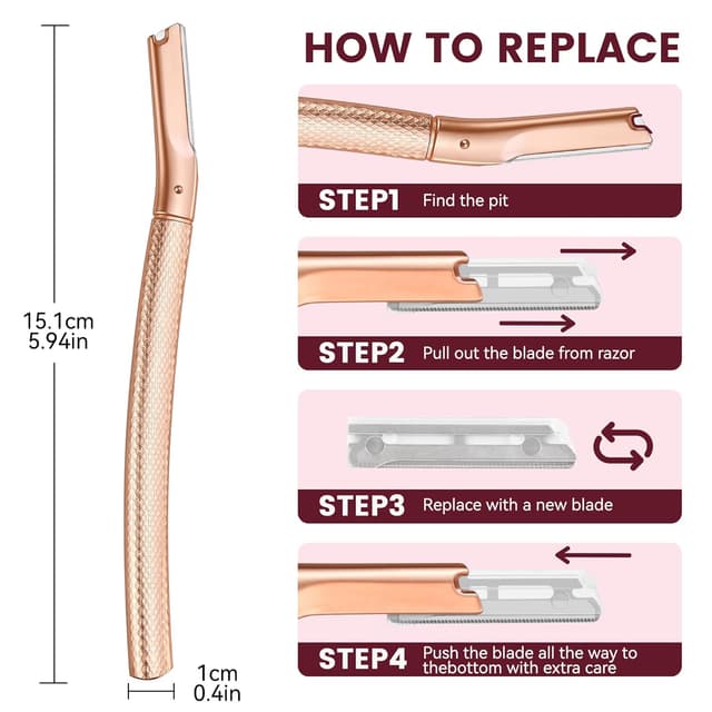Detalle de Rose Gold Eyebrow & Face Dermaplaning Razor with 12 Refill Blades (Women’s Facial Hair Remover)