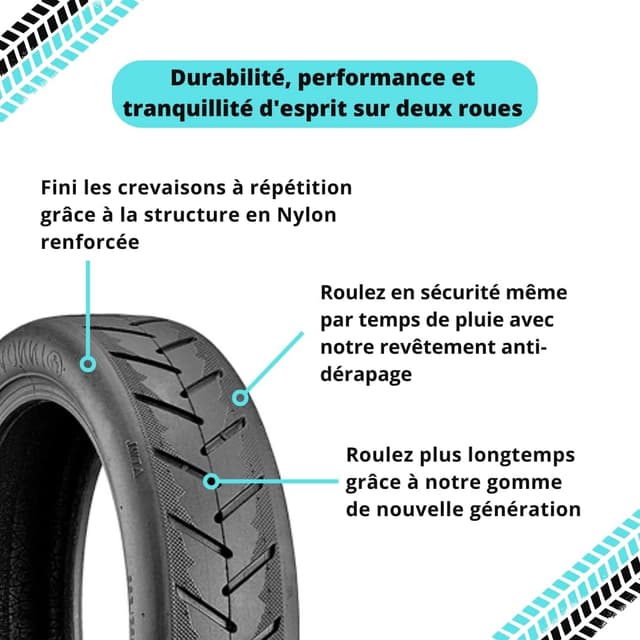 Detalle de Bitume pneu renforcé 8,5 pouces pour trottinette électrique (avant/arrière) + chambre à air et kit de montage