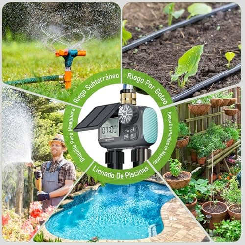 Thumbnail 8 de Programador de riego solar CyberOrd de 2 zonas con carga solar y modos automático/manual y retraso por lluvia