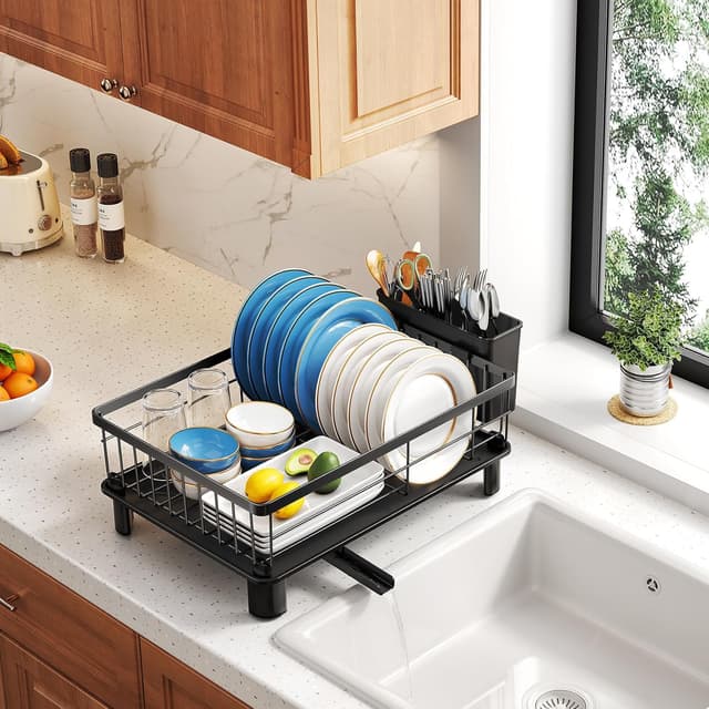 Thumbnail 6 de Dish Drying Rack Small with Drainboard, Utensil Holder & Stainless Steel Frame (Black) – Compact Countertop Drainer