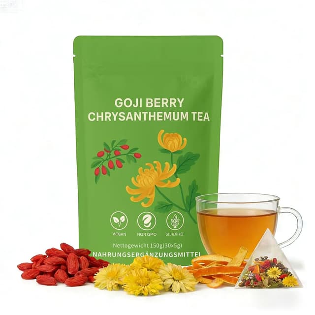 Detalle de Detox Tee Leber Balance Kräutertee mit Goji & Chrysanthemen – koffeinfrei, zuckerfrei, vegan (30 Teebeutel à 5 g)