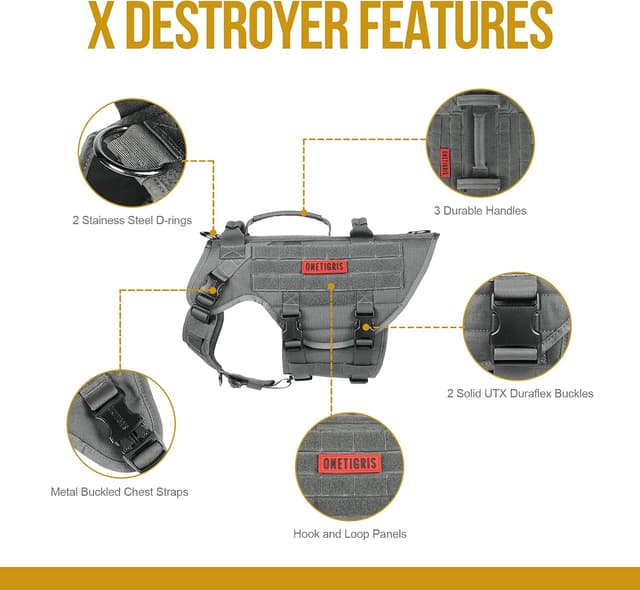 Detalle de OneTigris X Destroyer : harnais tactique réglable anti-traction pour chien gris, taille L