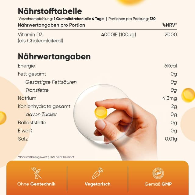 Detalle de WeightWorld Vitamin D3 Gummies 4000 I.E. – 120 zuckerfreie Gummibärchen mit Zitronengeschmack