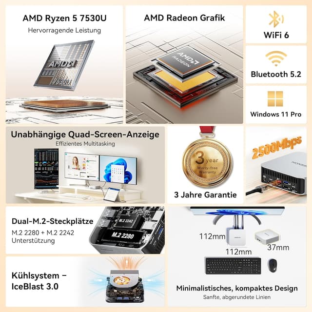 Detalle 2 de GEEKOM Mini PC A5 Pro 2026 Edition mit AMD Ryzen 5 7530U, 16 GB RAM und 1 TB SSD (Windows 11 Pro)