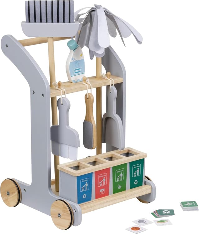 Detalle de Baroni Toys Carrello Pulizia in Legno Montessori con 8 Pezzi, trainabile, con accessori per la raccolta differenziata