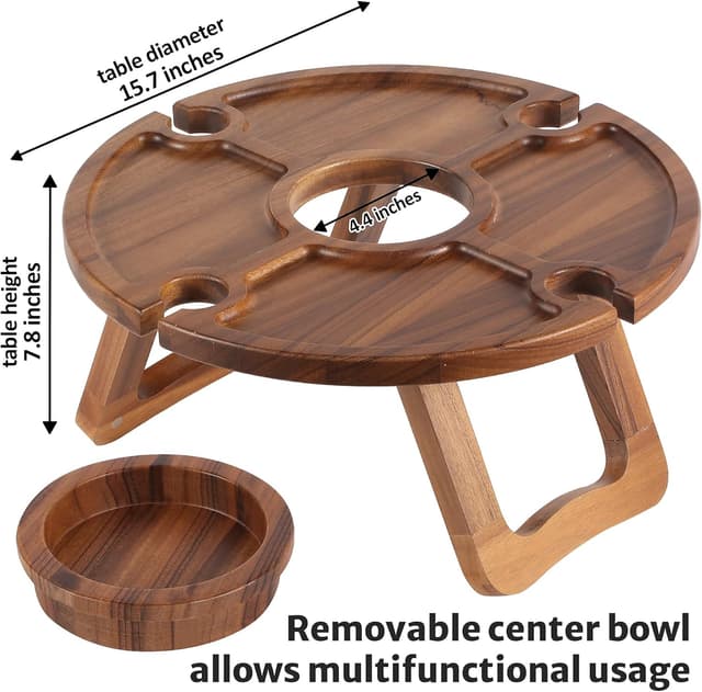Detalle de Portable Wooden Folding Picnic Table for Wine Glasses & Bottle (with carry bag) – Walnut-style wood picnic table