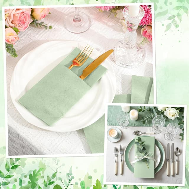 Detalle de NatNarr 60-Pack Sage Green Linen-Feel Paper Napkins with Built-in Flatware Pocket