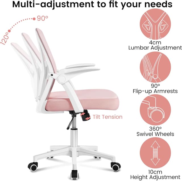 Detalle de Yaheetech Sedia da ufficio ergonomica con supporto lombare, schienale in rete e braccioli regolabili (portata 136 kg) rosa