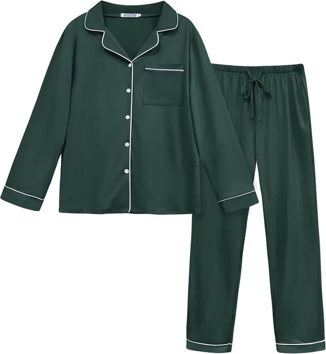 Detalle de Lovasy Women’s Classic Button-Down Pyjamas Set (Long-Sleeve Top & Full-Length Bottoms with Pockets)