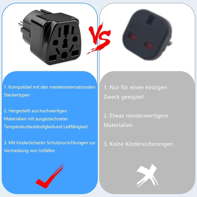 Detalle 2 de 2er Set Steckdosenadapter (US/UK auf EU) für Reisen – internationaler Adapter für Stecktypen A, B, G, I, J