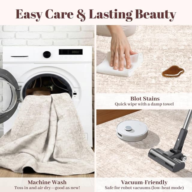 Detalle de Homemate Washable Rug 8x10 Area Rugs (Vintage Faux Wool Look) — Beige, Non-Slip Foldable Carpet