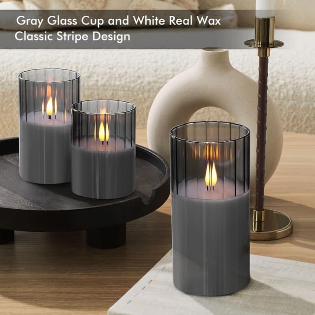 Detalle 2 de Rhytsing Smoked Ribbed Glass Battery Operated LED Candles with Remote Timer Gift Set (Set of 3)