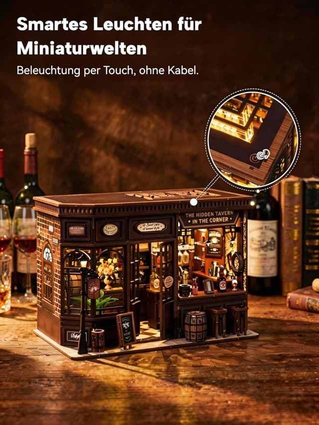 Detalle 2 de Book Nook Kit Taverne – 3D Holzpuzzle mit LED-Licht, DIY Miniatur-Haus & Werkzeug-Set (ab 14)
