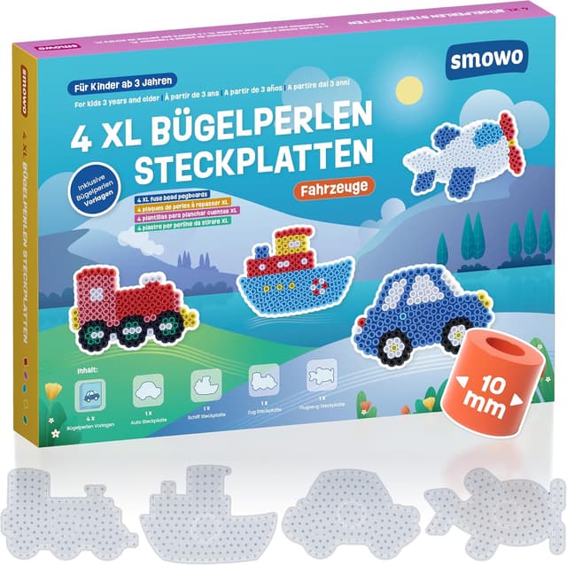 Detalle de Smowo 10mm Bügelperlen Steckplatten Fahrzeuge-Set (4 Platten + Vorlagen) für Kinder ab 3 Jahren