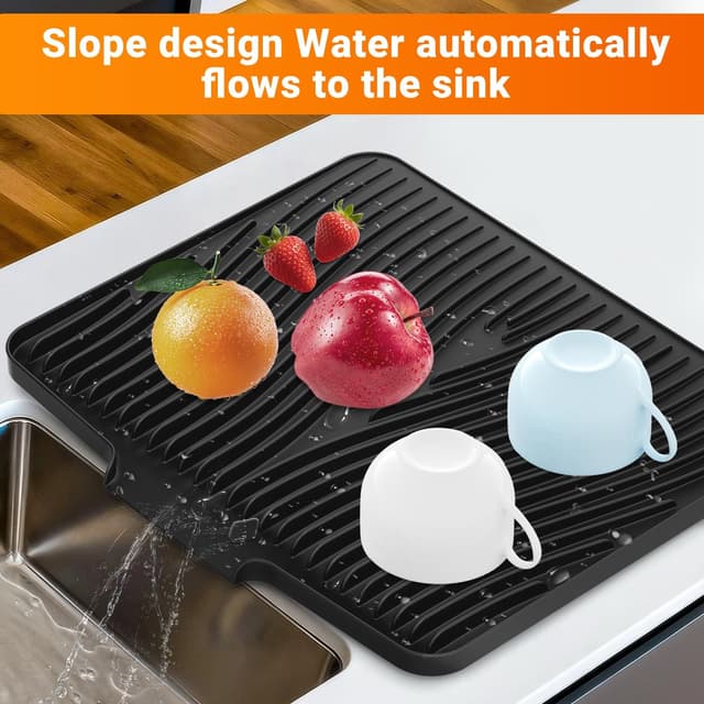 Detalle de COPLIB Silicone Dish Drying Mat (19.7" x 17") with Non-Slip Drain Pad, Black