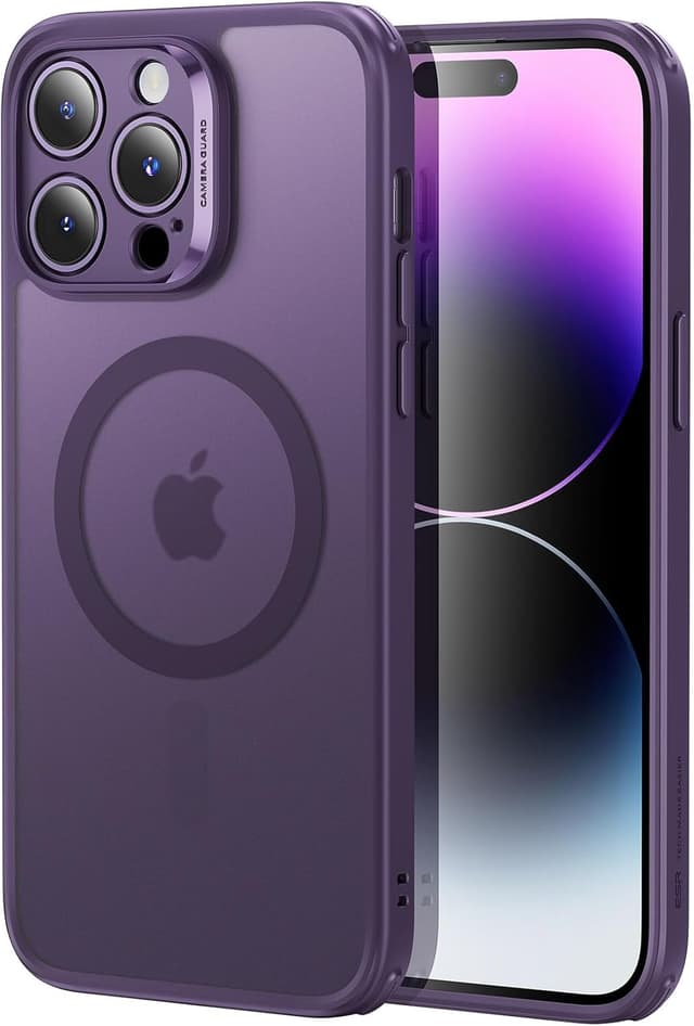 Detalle de ESR Classic Series for iPhone 14 Pro – Translucent Matte Case with Tempered Glass Screen Protector, MagSafe compatible (Frosted Purple)