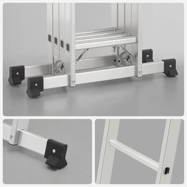 Detalle de SONGMICS GLT046E01 Mehrzweckleiter aus Aluminium (4 x 4 Stufen, bis 150 kg, 16 Stufen, 6 Positionen, 430 cm, silbern)