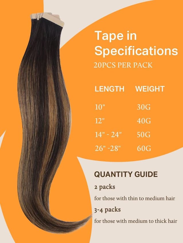 Detalle de DOORES Tape-In Human Hair Extensions (Remy) — Balayage Dark Brown to Chestnut Brown, Straight, 18 inch, 50g/20 pcs
