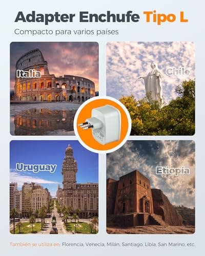 Detalle de TESSAN Adaptador Enchufe Italiano con 1 USB C y 1 USB A (Tipo L)
