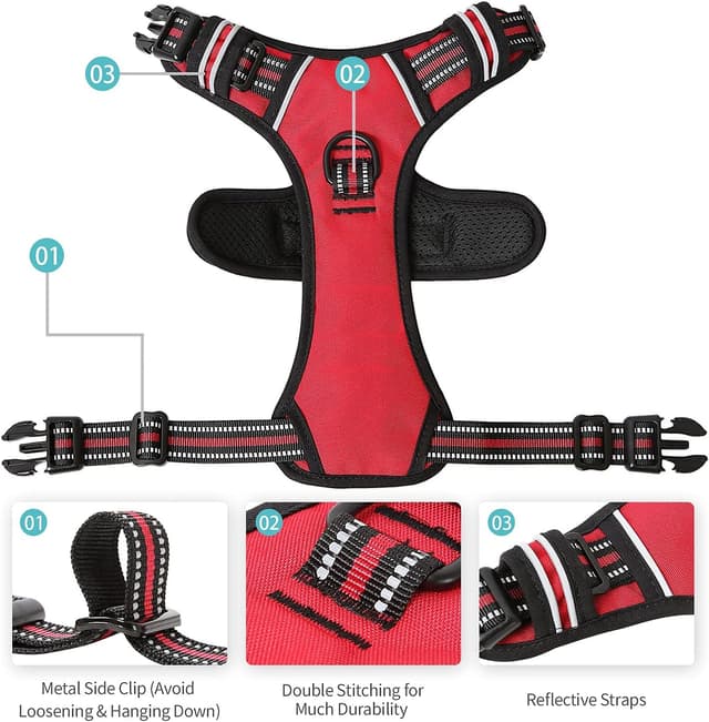 Detalle 2 de HEELE Harnais pour chien anti-traction réfléchissant rouge avec poignée rembourrée – Taille M