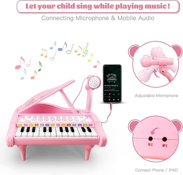 Detalle de Love&Mini 24-Key Toddler Piano Keyboard Toy with Microphone (Pink) for Ages 1–5