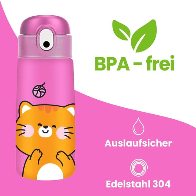 Detalle de Cartomania Trinkflasche aus Edelstahl 304, 460 ml – rosa mit Katze, BPA-frei