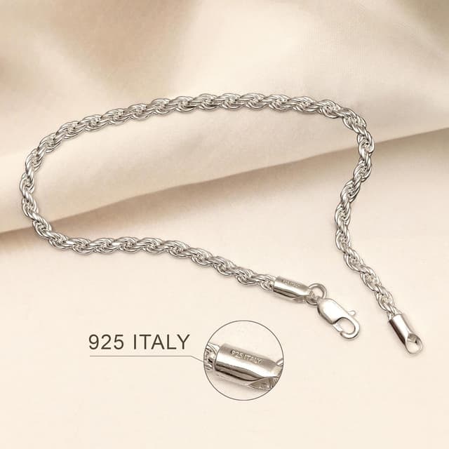 Detalle de LeCalla 925 Sterling Silber Diamant-Cut Rope Chain Armband (Classic, 4 mm) – made in Italien