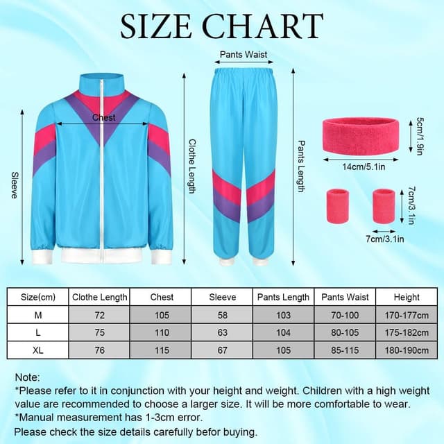 Detalle 2 de Déguisement années 80 Aomig (unisex) veste + pantalon + bandeau + protège-poignets, style disco hippie rétro