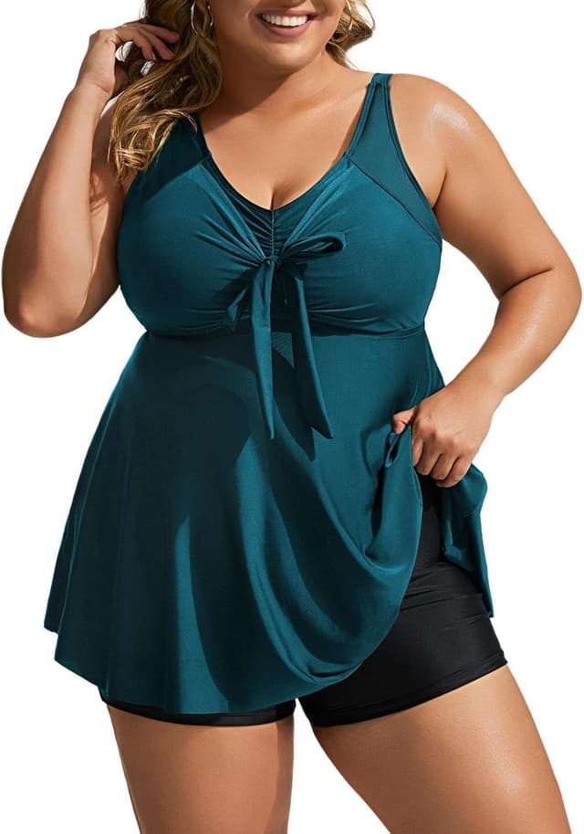 Detalle de Hanna Nikole Women’s Plus Size Tankini Set with Tummy Control & Push-Up Chest
