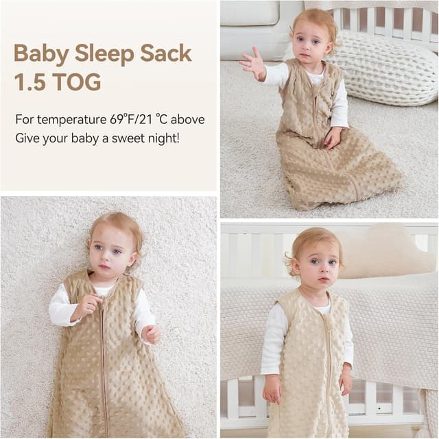 Thumbnail 6 de Unnivoll Baby Sleeping Bag 1.5 Tog with Plush Dots (2 Pack) – Wearable Sleep Sack for 12–18 Months, Coffee