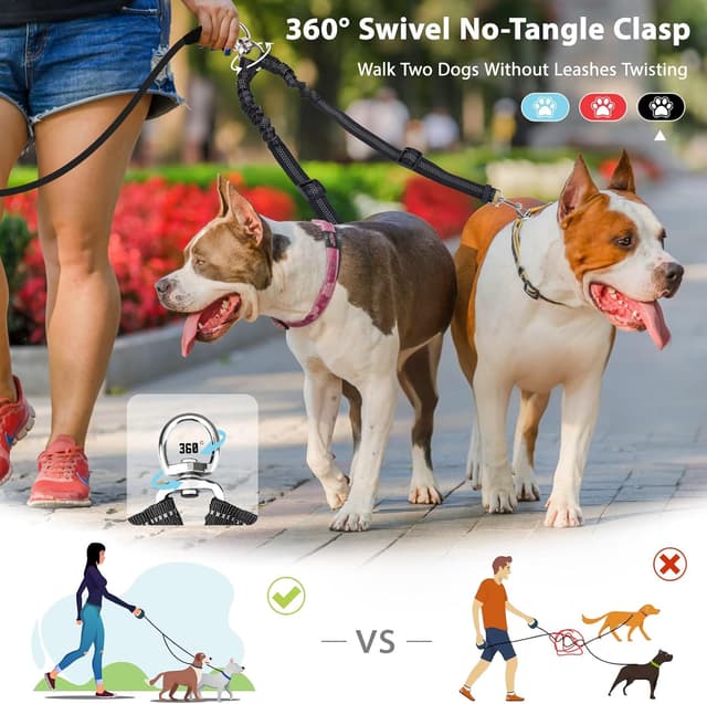 Detalle 2 de Double Dog Lead for 2 Dogs (No Tangle) with 360° Swivel, Reflective & Shock-Absorbing Bungee Handle – Black