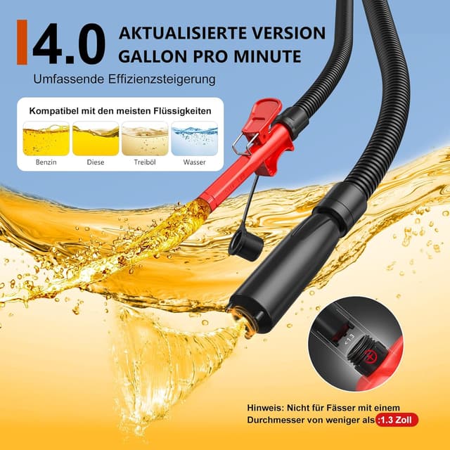 Detalle de Kraftstoffpumpe mit Auto-Stopp-Sensor – tragbare 4,0 GPM Benzinpumpe für Kanister (mit 4 Adaptergrößen, rot)