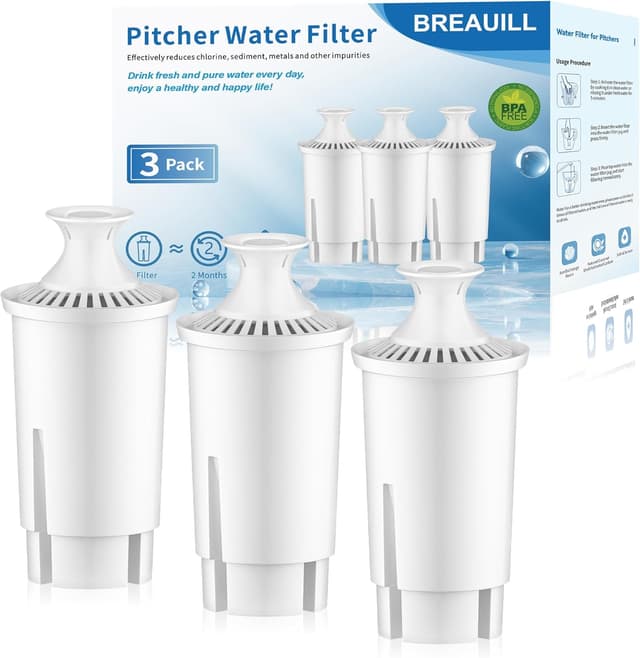 Detalle de BREAUILL NSF certified pitcher water filter replacement (compatible with Brita-style pitchers, 3-pack)