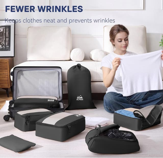 Detalle de MURISE Koffer Organizer 8-teilig: Packing Cubes & Taschen-Set für Urlaub und Reisen, Schwarz