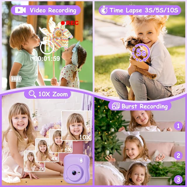 Detalle de Hangrui Kinderkamera Sofortbildkamera (14 MP) mit 32-GB-Karte, Sofortdruck & 1080P – lila