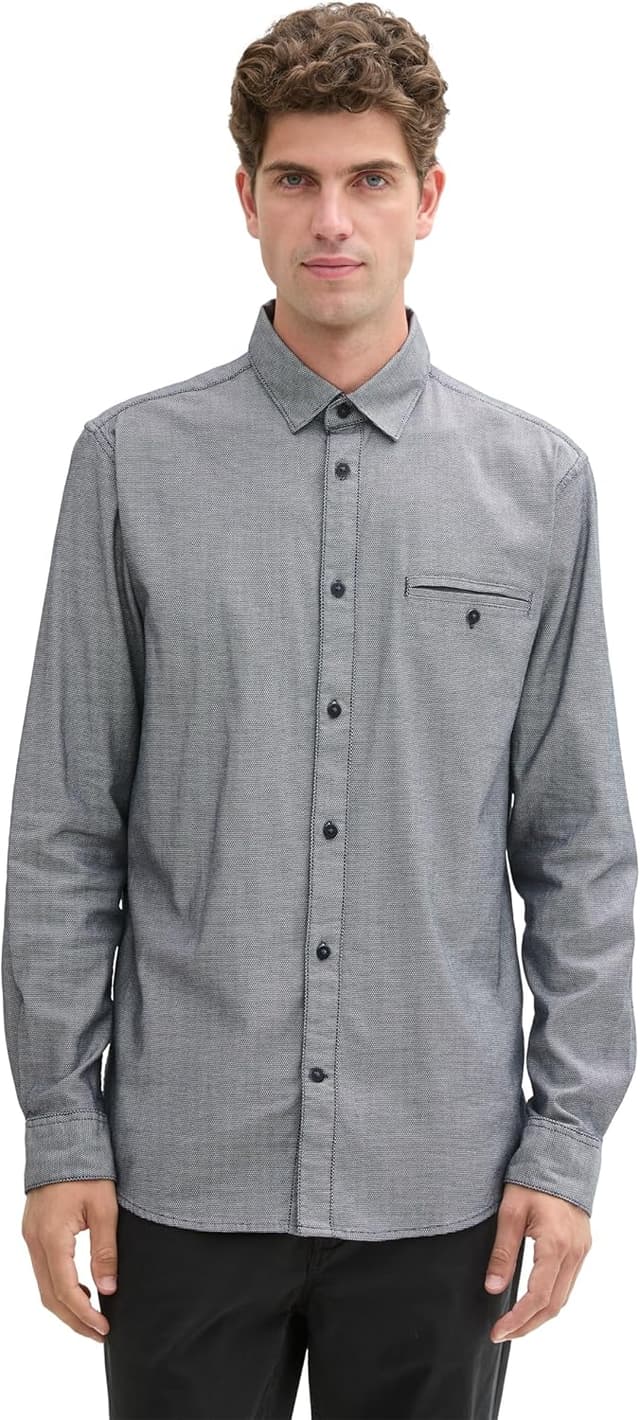Detalle de TOM TAILOR 1043804 Camicia da uomo in cotone elastico effetto dobby con tasca sul petto
