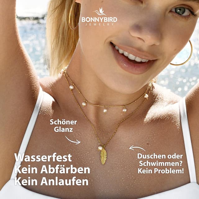 Detalle de BONNYBIRD BonnyFeather wasserfeste Federkette aus Edelstahl (316L) für Damen mit Süßwasserperle