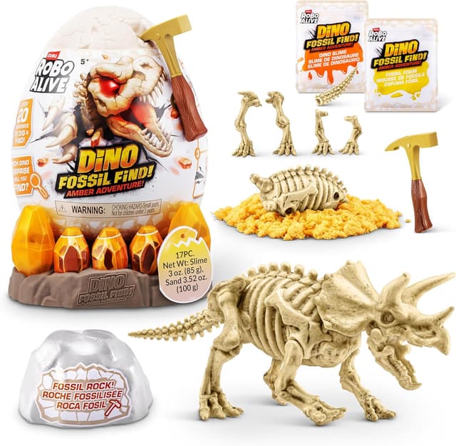 Detalle de ROBO ALIVE Fossil Find Amber Adventure di ZURU con Triceratops, scatola da scoprire e dinosauro giocattolo
