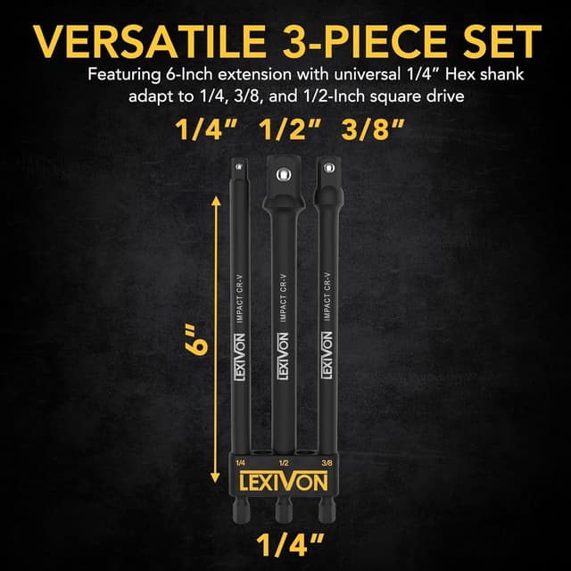 Detalle de LEXIVON LX-105 6-Piece Impact Grade Socket Adapter Set with 3" & 6" Extension Bits (1/4", 3/8" & 1/2" Drives)