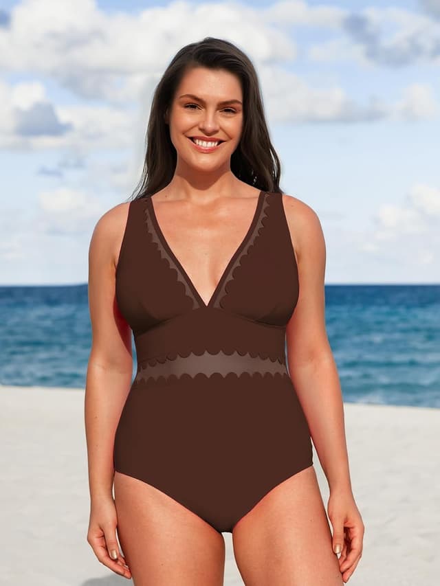 Detalle 2 de Costume da bagno intero donna Plus Size con scollo a V e rete smerlata, spalline regolabili