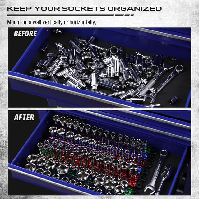 Detalle de Magnetic Socket Holder Organizer Set (9-Piece) for 1/4, 3/8, and 1/2 Sockets — Detachable Rail Trays