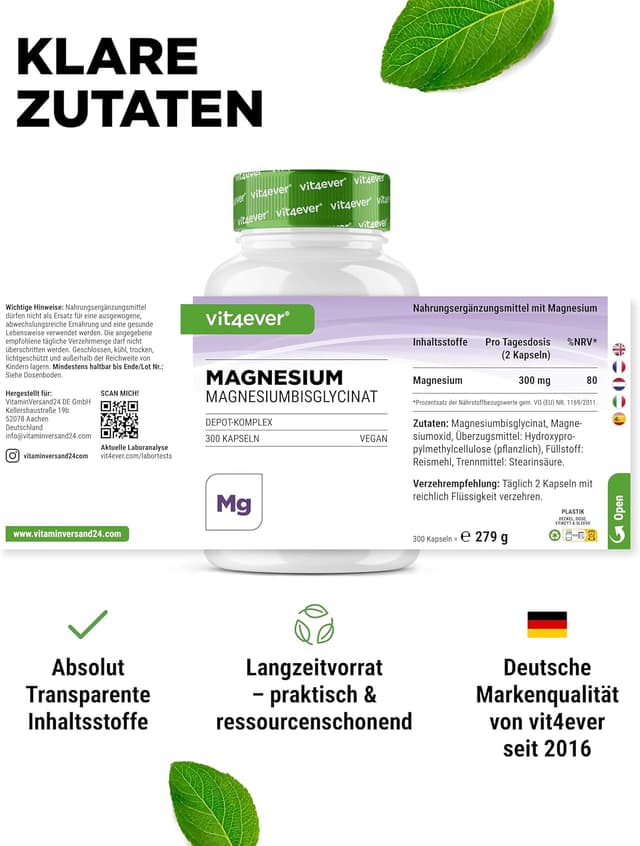 Detalle 2 de vit4ever Magnesium Bisglycinat Depot Komplex mit 300 mg pro Tagesdosis – 300 Kapseln (Magnesiumglycinat als organisches Aminosäurechelat)