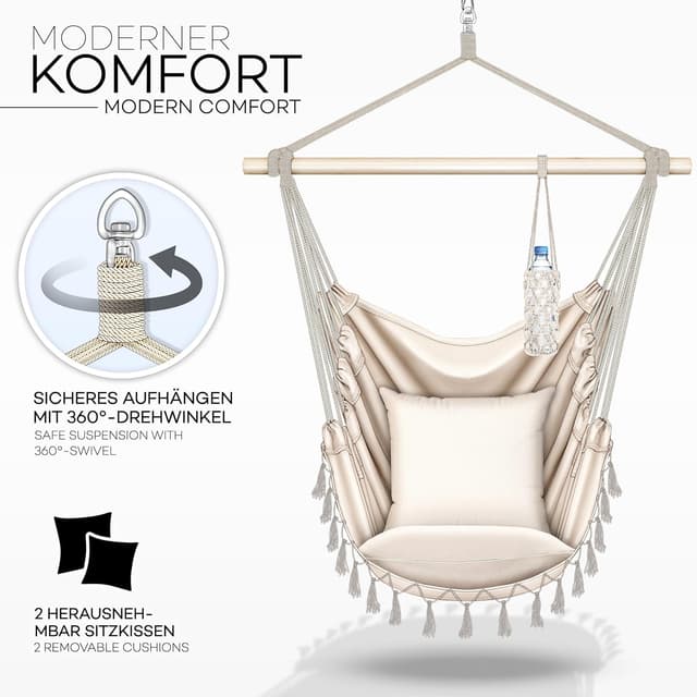 Detalle de tillvex Hängesessel mit 2 herausnehmbaren XXL-Kissen, Getränkehalter & Bücherfach