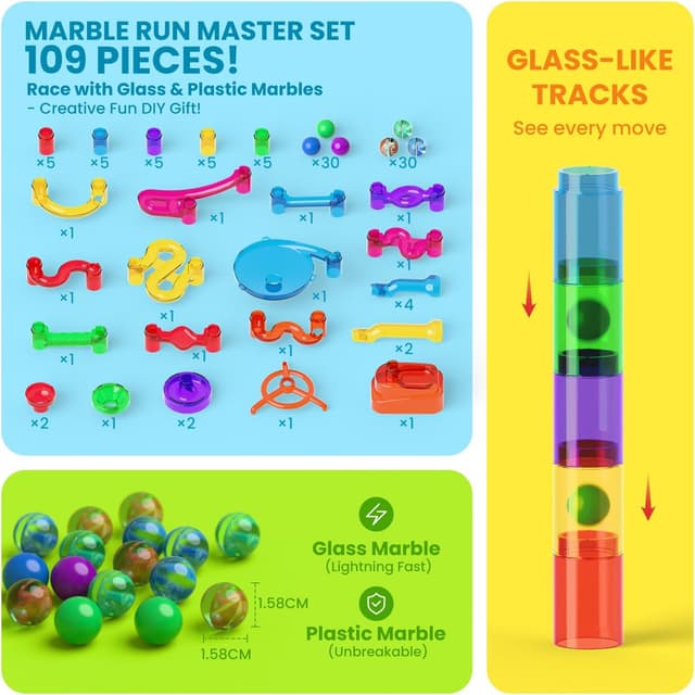 Detalle de Marble Run STEM Educational Toy Set (109pcs) with Transparent Tracks and 60 Marbles