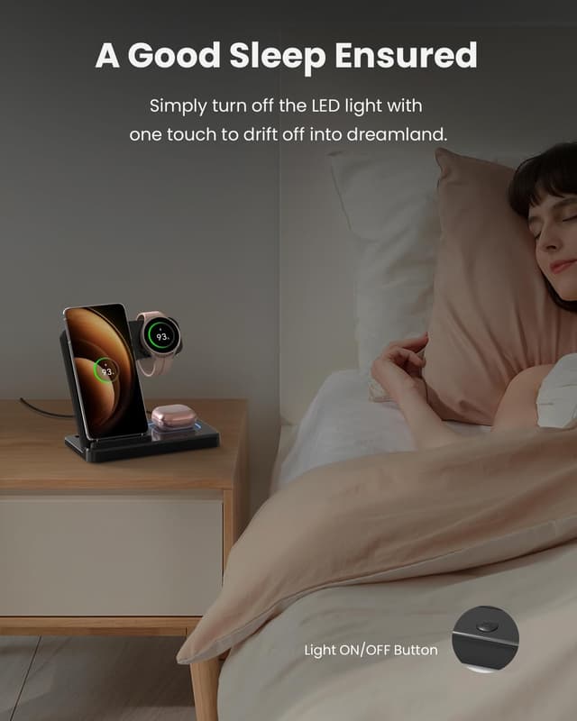 Detalle 2 de GEEKERA 3-in-1 Wireless Charger Dock for Samsung phones, Galaxy Watch & Galaxy Buds (Foldable, Black)