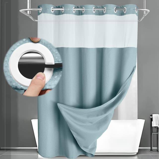 Detalle de XOGUIBO No Hook Shower Curtain and Liner Set (Cyan Waffle) with Removable Fabric Liner