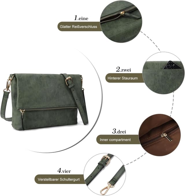 Detalle de Gladdon Umhängetasche Damen Klein – Crossbody/Crossbodytasche in Dunkelgrün mit abnehmbarem Schulterriemen