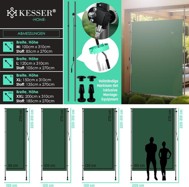 Thumbnail 6 de KESSER Klemmmarkise 120 x 310 cm als Vertikal-Sichtschutz für Balkon und Garten (dunkelgrün)