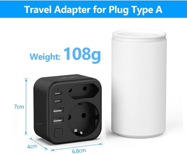 Detalle de JSVER adattatore di viaggio internazionale 6 in 1 nero con 2 USB‑C e 2 USB‑A (spina Tipo A)